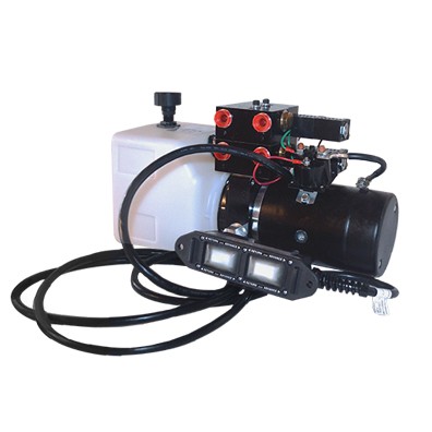 Power Unit 12V Dc Double Acting, Solenoid Operated, 1.3 Gallon Poly Tank with two 3-way 4 position closed center valves, operate two separate functions with one power unit.